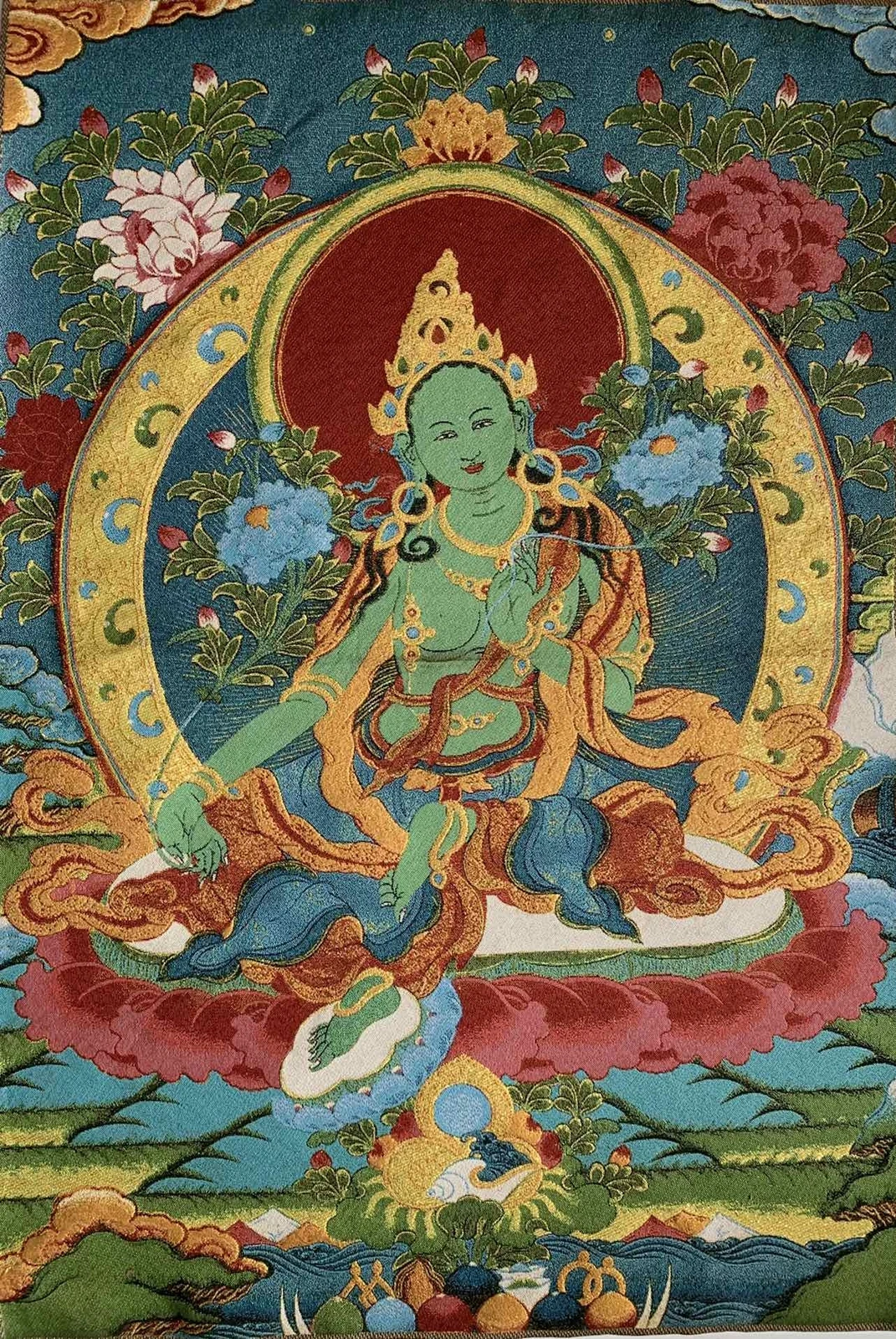 

36" Tibet Tibetan Cloth Silk Buddhism Green Tara Guanyin Tangka Thangka Mural