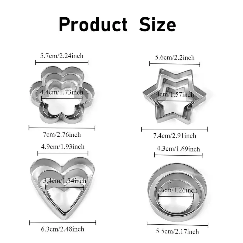 12PCS/Set Reusable Stainless Steel Cookie Molds Round Heart Star Flower Shapes Baking Biscuit Mini Cutters for Holiday Cake