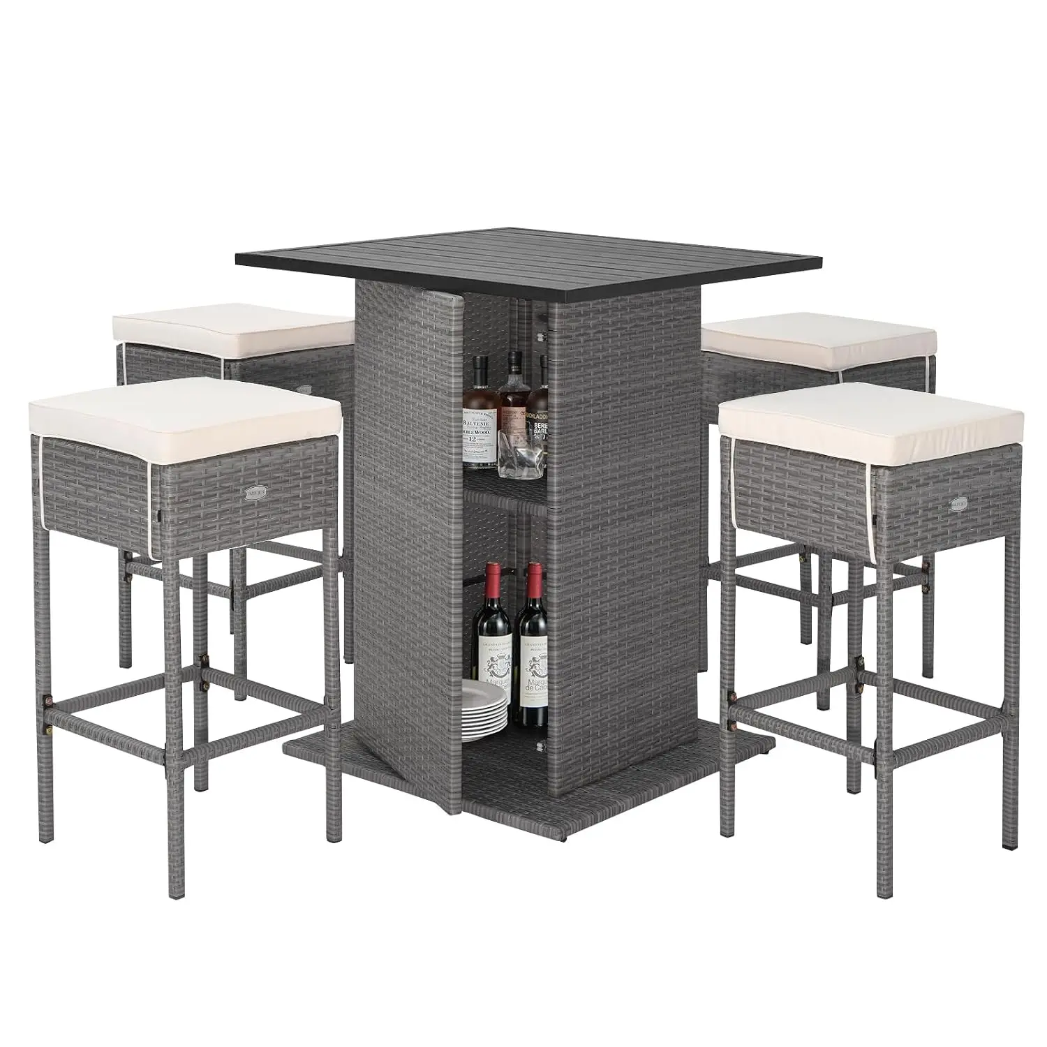 Wicker Bar Height Table & 4 Stools Set, Hidden Storage Shelf, Removable Cushions for Backyard Poolside Garden, Customized