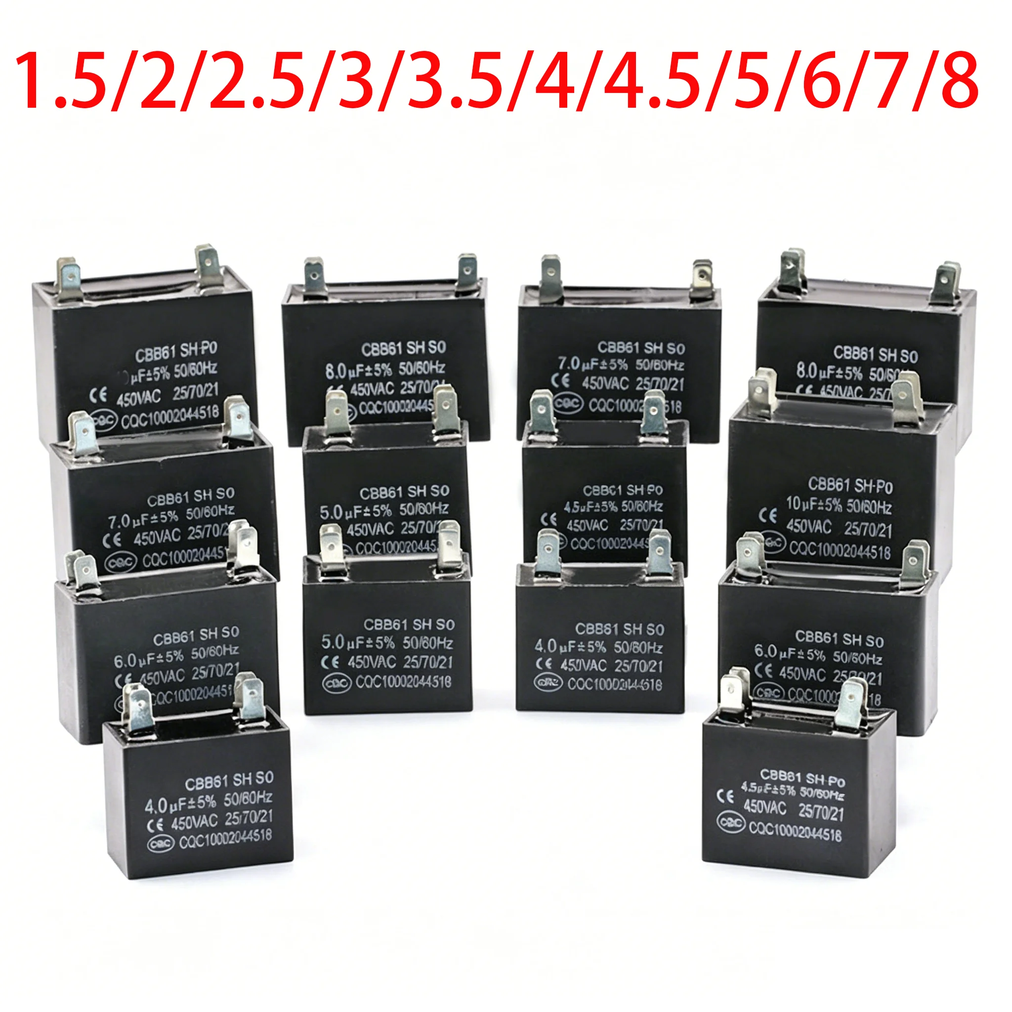 CBB61 Fan Air Conditioner Starting Capacitor 450V 1.5UF2UF2.5UF3UF3.5UF4UF4.5UF5UF6UF7UF8UF Ceiling Fan Hood Motor Capacitor