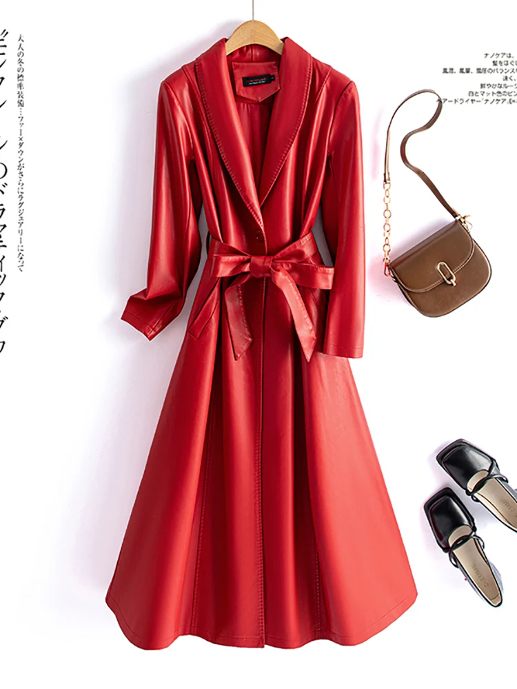 Cappotto in pelle da donna di media lunghezza, caldo, elegante per il pendolarismo, con cintura, maniche lunghe, in pelle di pecora, imbottito