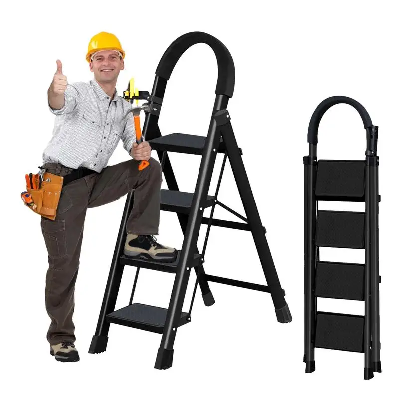 

Step Ladders for Home 4 Steps Foldable Iron Frame Step Stool Heavy Duty Anti Slip Triangular Structure Stool Ladder with Soft