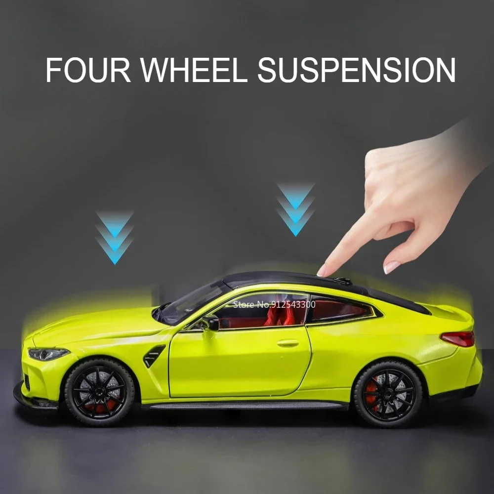 1:24 BMW M4 Sports Car Model Toy Diecast Metal Free Wheeling Music Light Pull Back Miniature Vehicles Models Gifts for Children