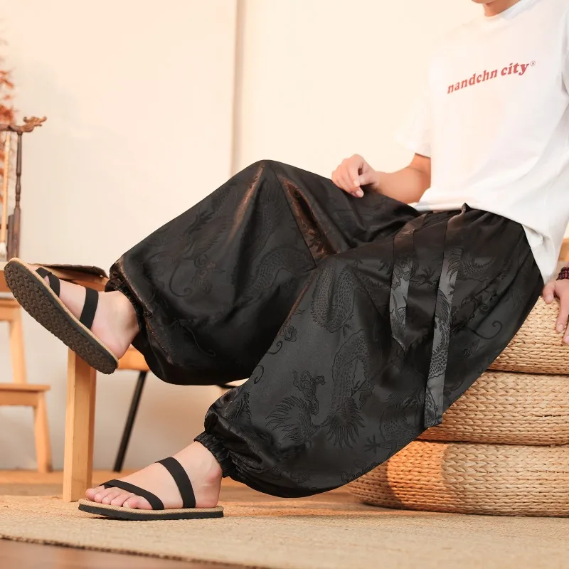 الرجال بنطال ذو قصة أرجل واسعة الصيف الحرير الجليد ضوء رقيقة هارون السراويل النمط الصيني التنين طباعة بنطلون غير رسمي فضفاض المعتاد الرجال الملابس