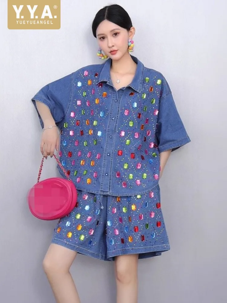 New Designer Summer Casual Loose Fit Short Sleeve Denim Jacket High Waist Wide Leg Shorts Fashion Diamonds Women Two Piece Sets
