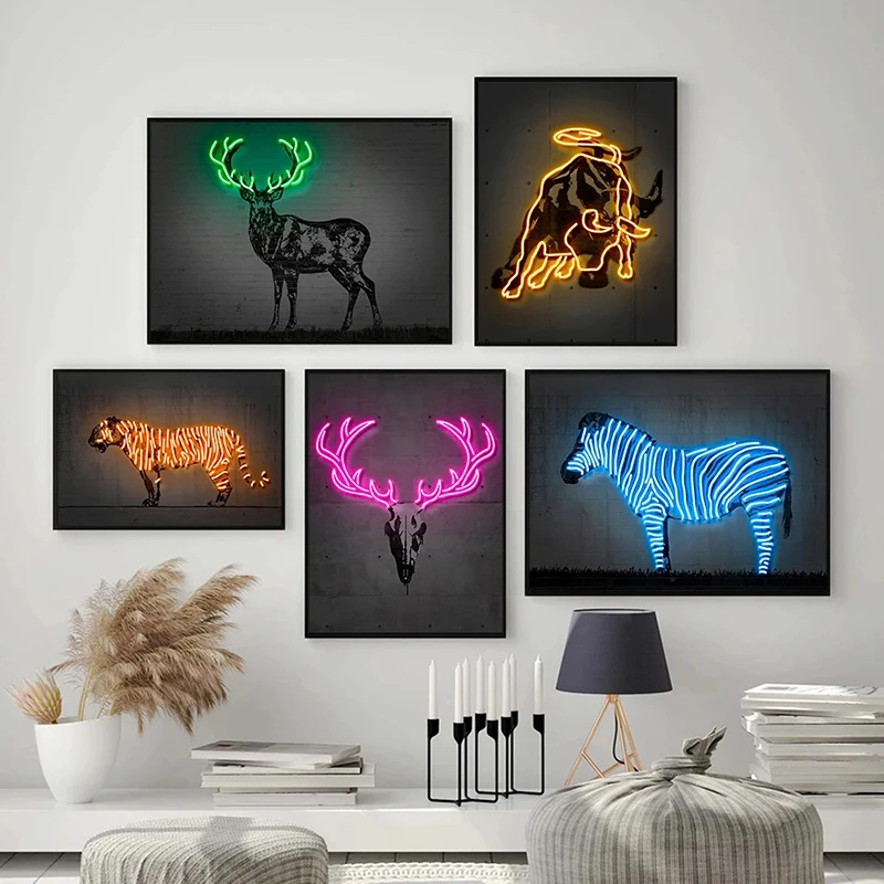 

Neon Effect Wall Art Decoration Canvas Painting Balloon Dog Zebra Deer Poster Animal Graffiti Picture for Bar Nursery Room Decor