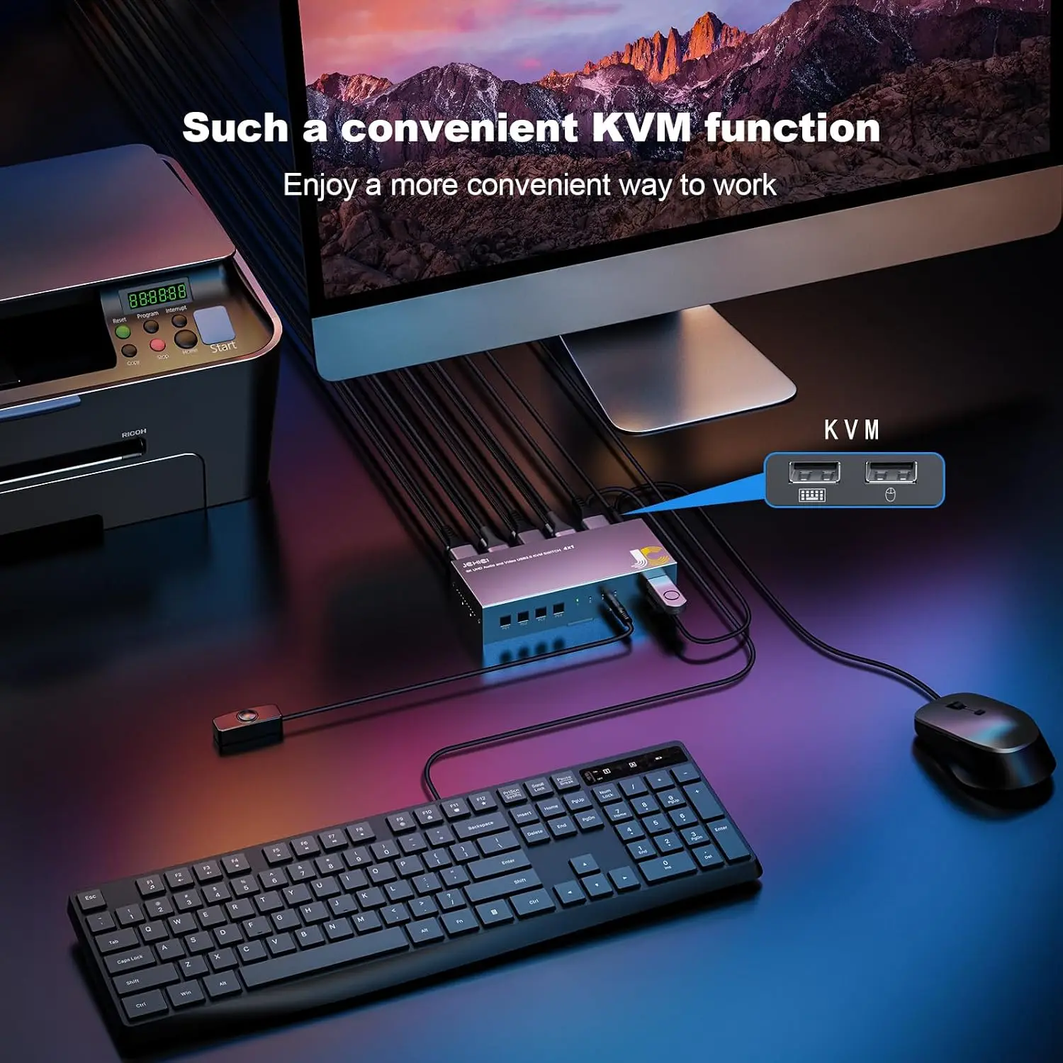 8K DisplayPort KVM Switch 4x1 - with Wired Remote | 4 PCs share 1 monitor & USB keyboard/mouse. 4 USB cables included. Plug