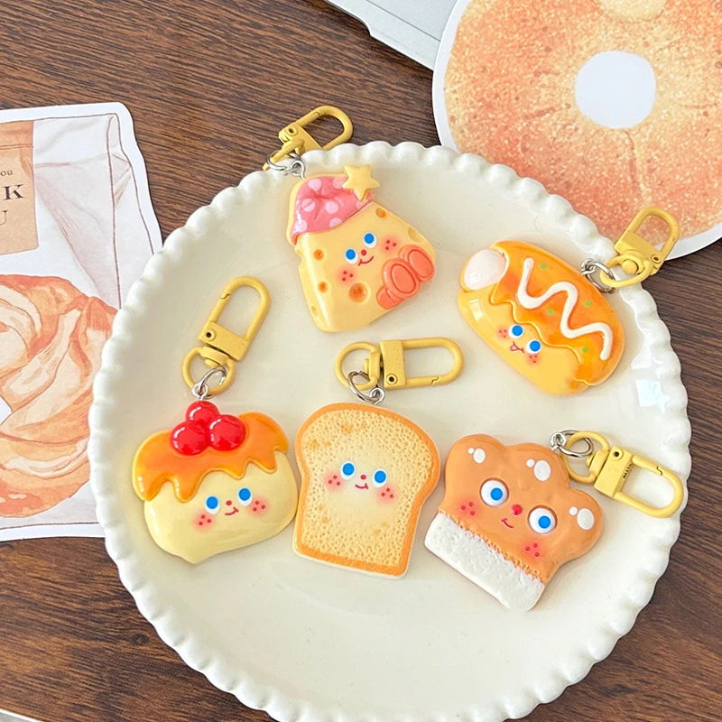 Fun Hat Cheese Series Food Keychain Cute Cartoon Toast Bread Keyring Car Key Holder Girly Bag Pendant Decoration Couple Gifts