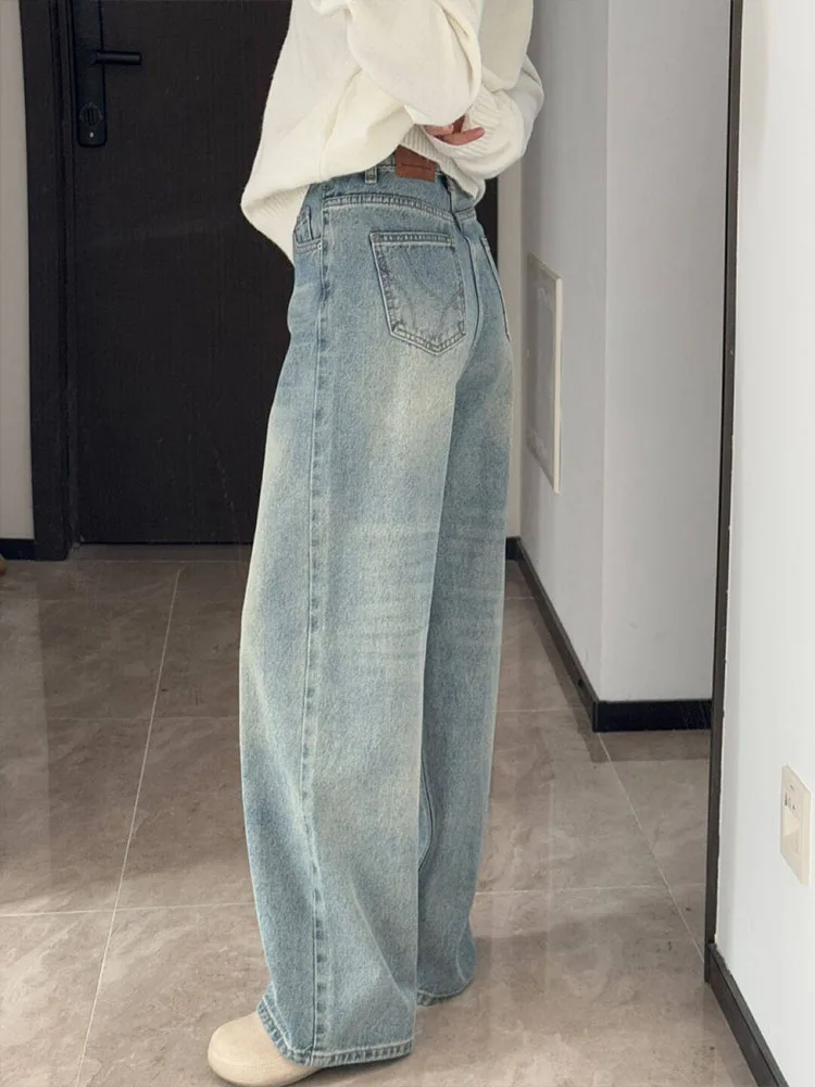 Retro Wash High Waist Slimming Narrow Version Wide Leg Jeans Women's Casual Style Embroidered Loose Straight Cut Denim Pants
