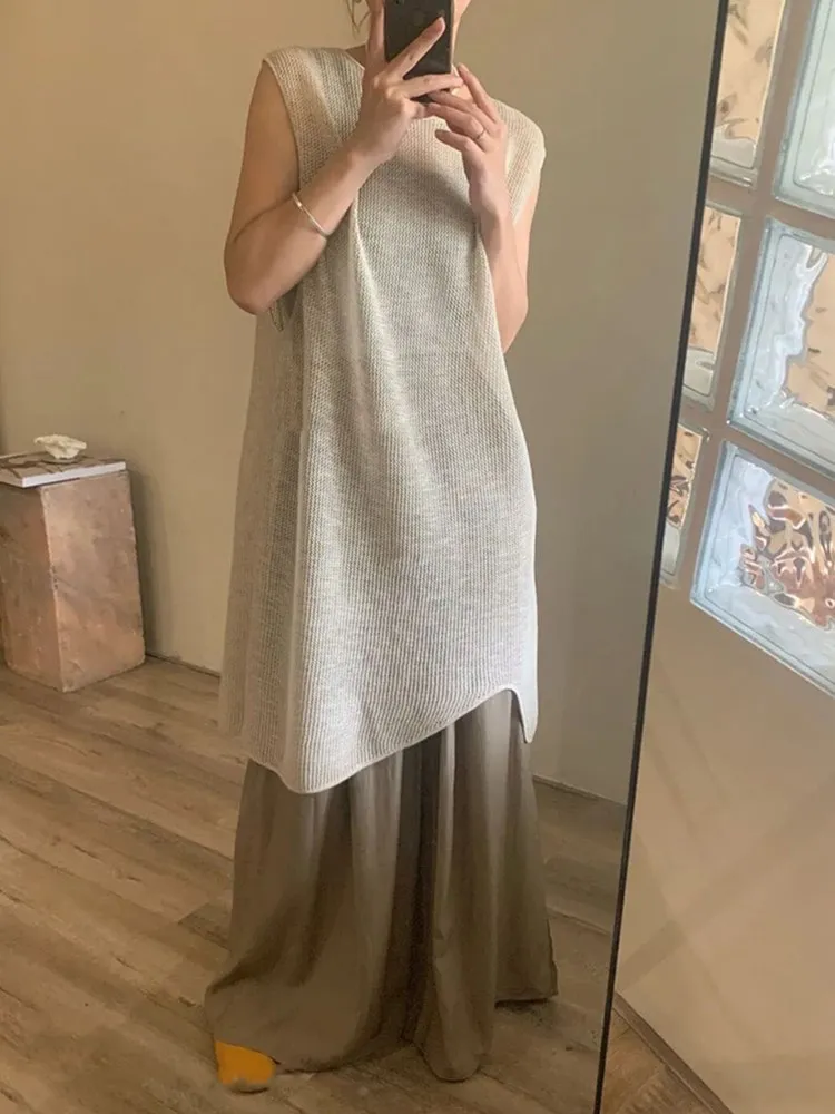 

Slimming Straight Leg Pants Two-Piece Set High Waist Knitted Vest Summer Thin Fabric Women's Faion Commute round Ne Dr