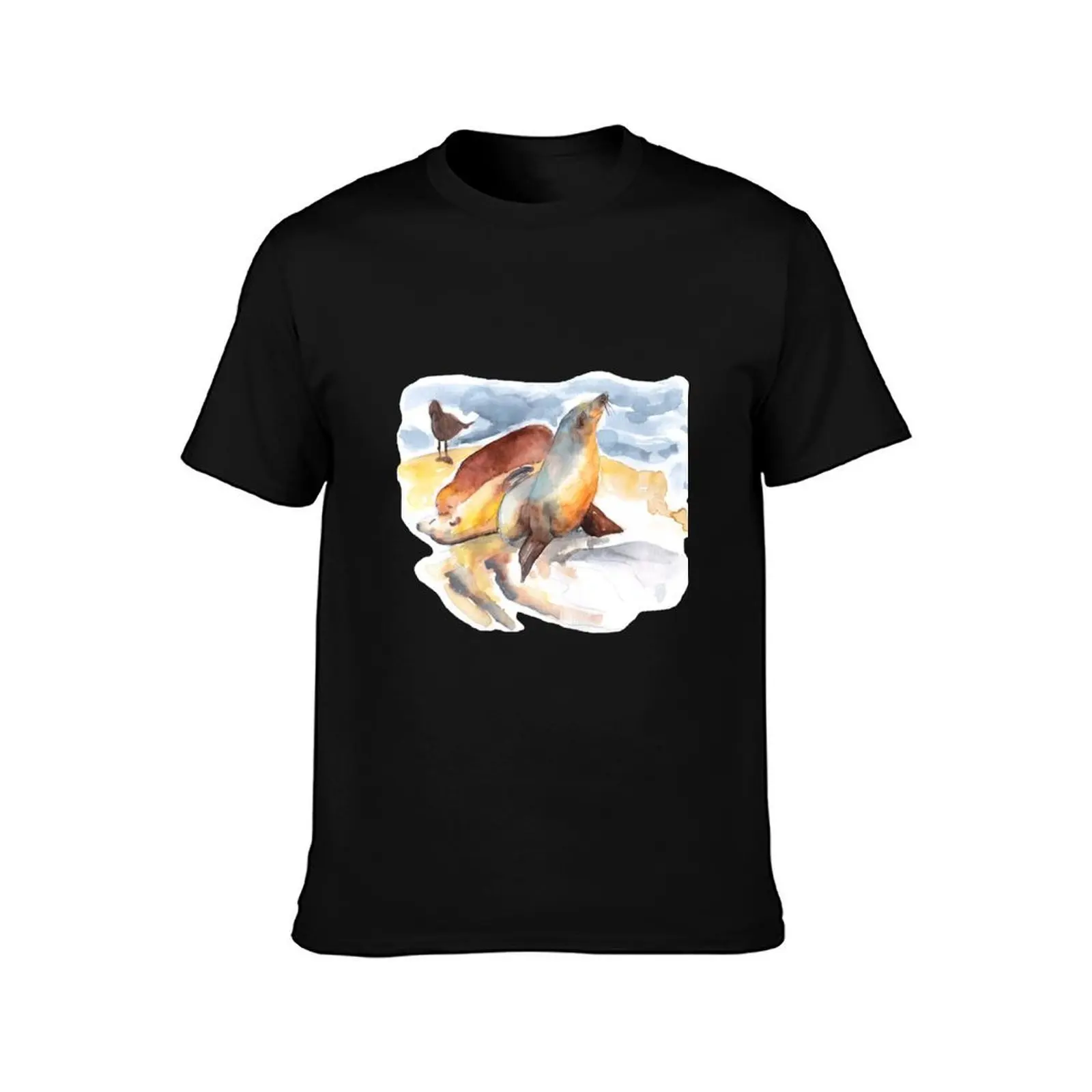 Seals at La Jolla cove - California - watercolors T-Shirt Simple Solid Color Crew Neck Tee