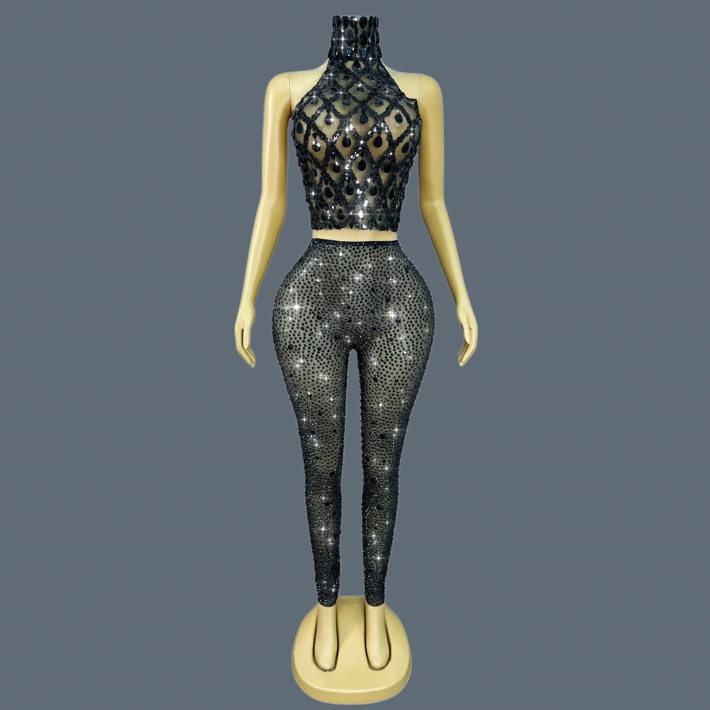 Sparkly Rhinestone See Through Mesh Crop Tops Pants 2Pieces Luxury High-end Club Party Dance Show Women Sexy Outfit Shaokaojia