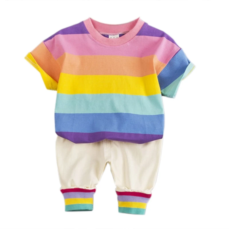 

Summer Children Baby Boys Girls Casual Short Sleeve Rainbow Print T-shirt Tops+Shorts Suits Costume Set For 0-5T