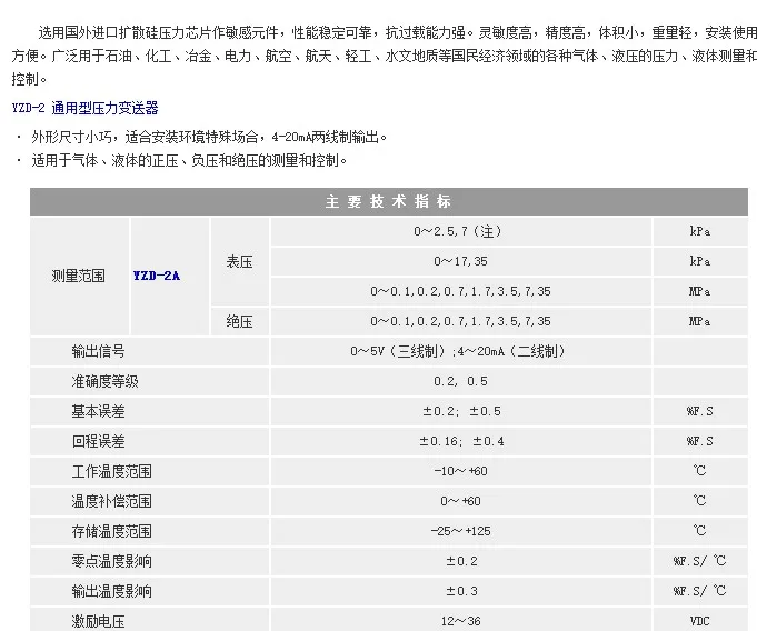 YZD-2B/YZD-2A Sensor with Optional Range of 0.1-0.7mpa