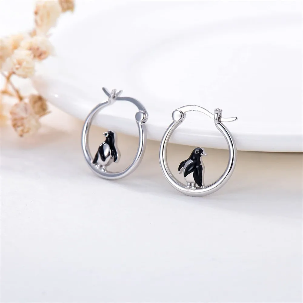 Harong Design New Penguin Hoop Earring Fashion Woman\' Jewelry Trendy Cute Animal Enamel Silver Plated Drop Earrings Gift