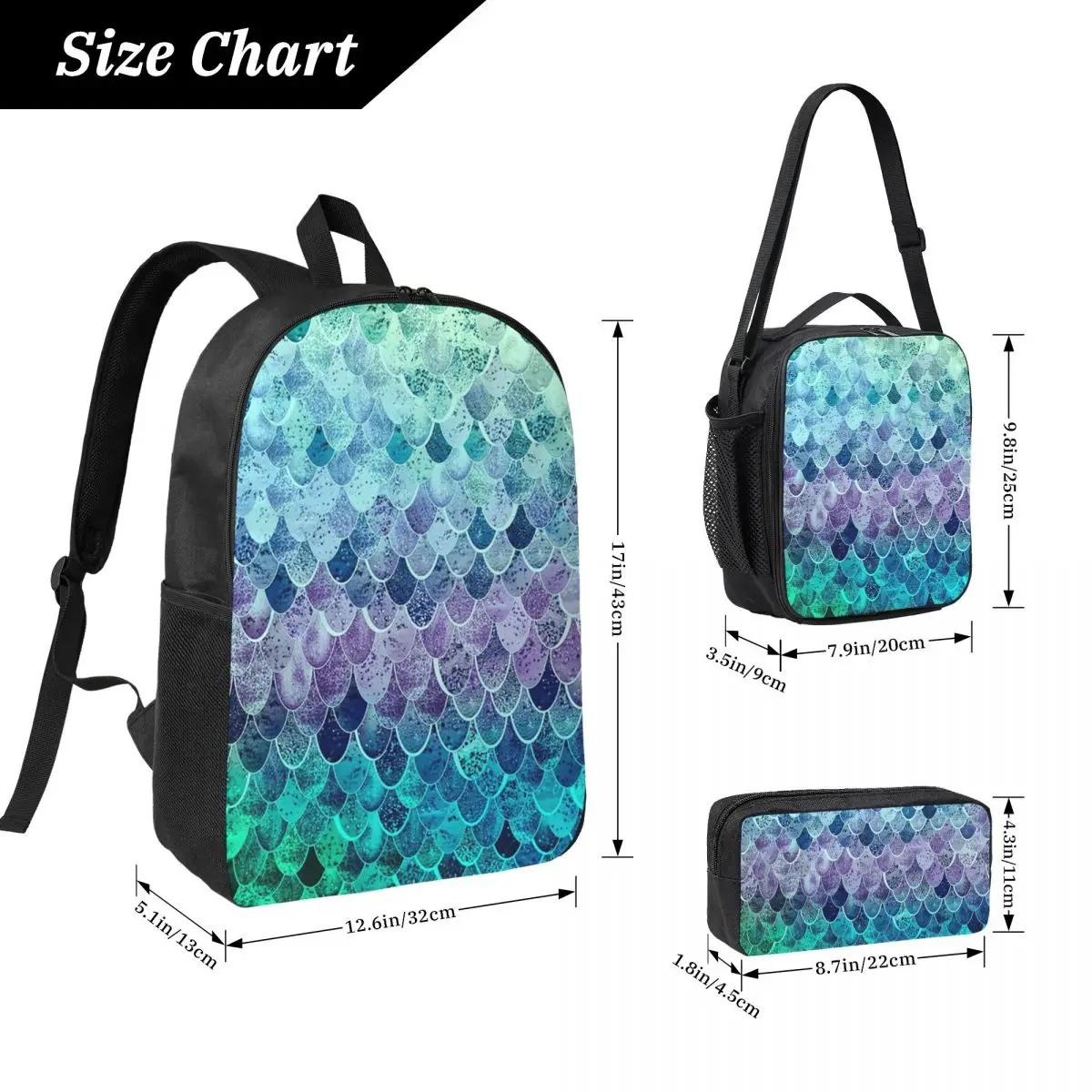 MAGIC MERMAID RAINBOW Backpack Student Boys Girls BookBag School Bag Computer Shoulder Bags 3ps Insulated Lunch Bag Pencil Case