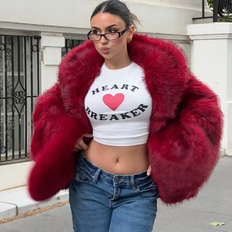 

Tuularose Women Fur Coat Women 2025 Plush Red Bomber Jacket Solid Crop Long Sleeve Jacket Warm Winter Coats Female Casual Coats