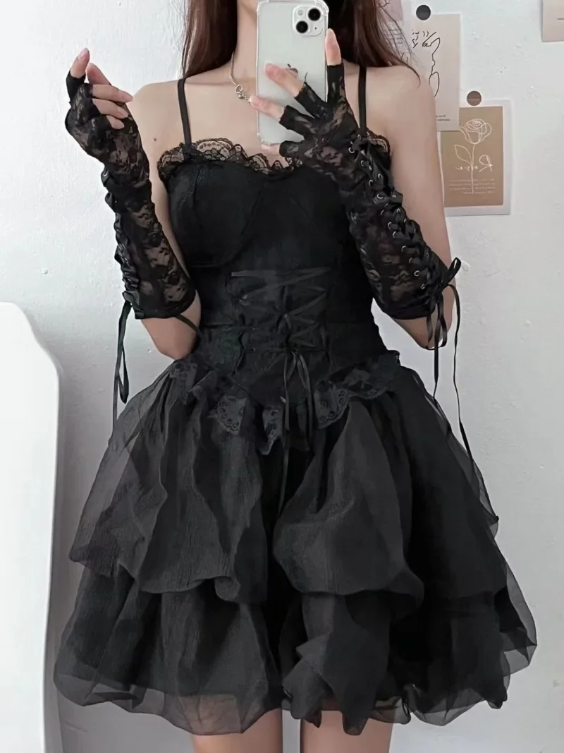 

Gothic Patchwork Lace Slim Waist Cross Lace Up Design Tank Tops Harajuku Punk Japan Ball Skirts Y2k Aesthetic Two Piece Sets