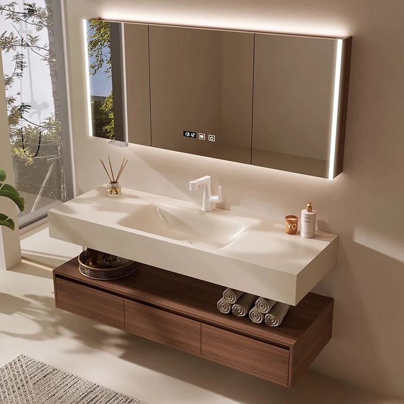 Hotel Medieval Walnut Bathroom Cabinet Combination Rock Slab Hot Bending Integrated Basin Washstand Bathroom Oak Wash Basin