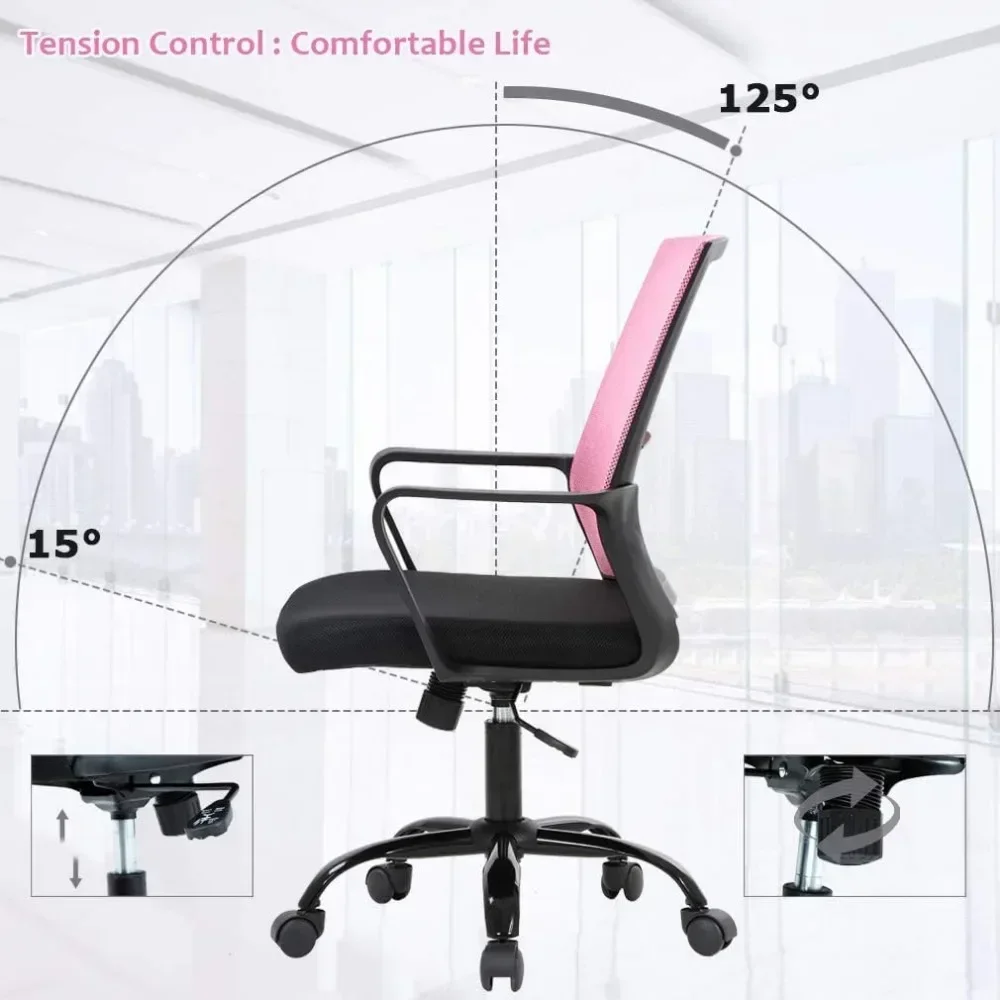 Office Chair, Mesh Work Chair, Ergonomic Administrative Computer Chair, Height Adjustable, Rolling And Rotating, Pink