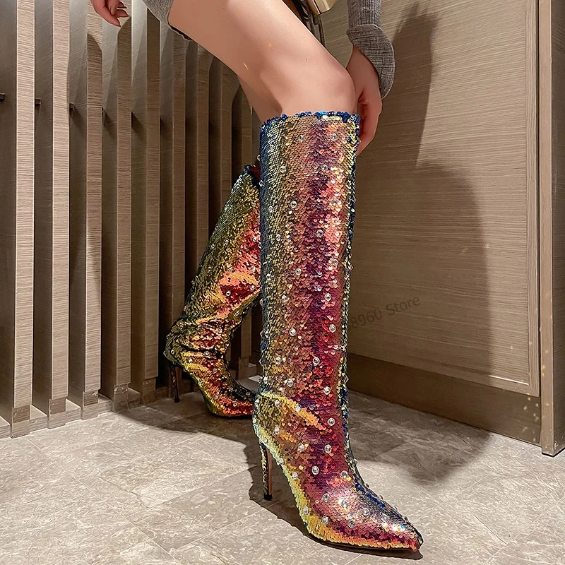 Knee High Gradient Crystal Glitter Decor Boots Thin High Heel Women Shoes Slip-On Pointed Toe 2023 Fashion Zapatos Para Mujere