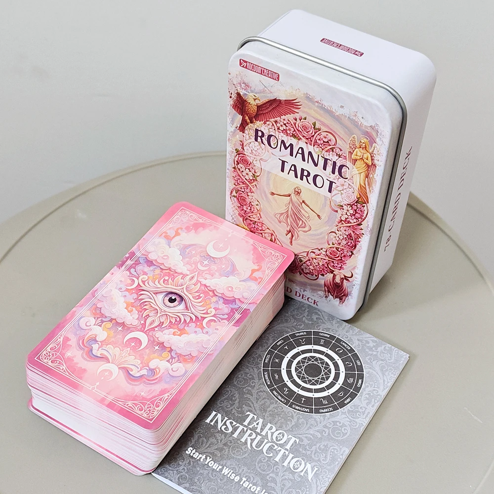 Pink Romantic Fantasy Tarot Deck in Tin Box, 78-Card Full Deck with Instruction Book, 11*6.2cm Spiritual Divination Oracle