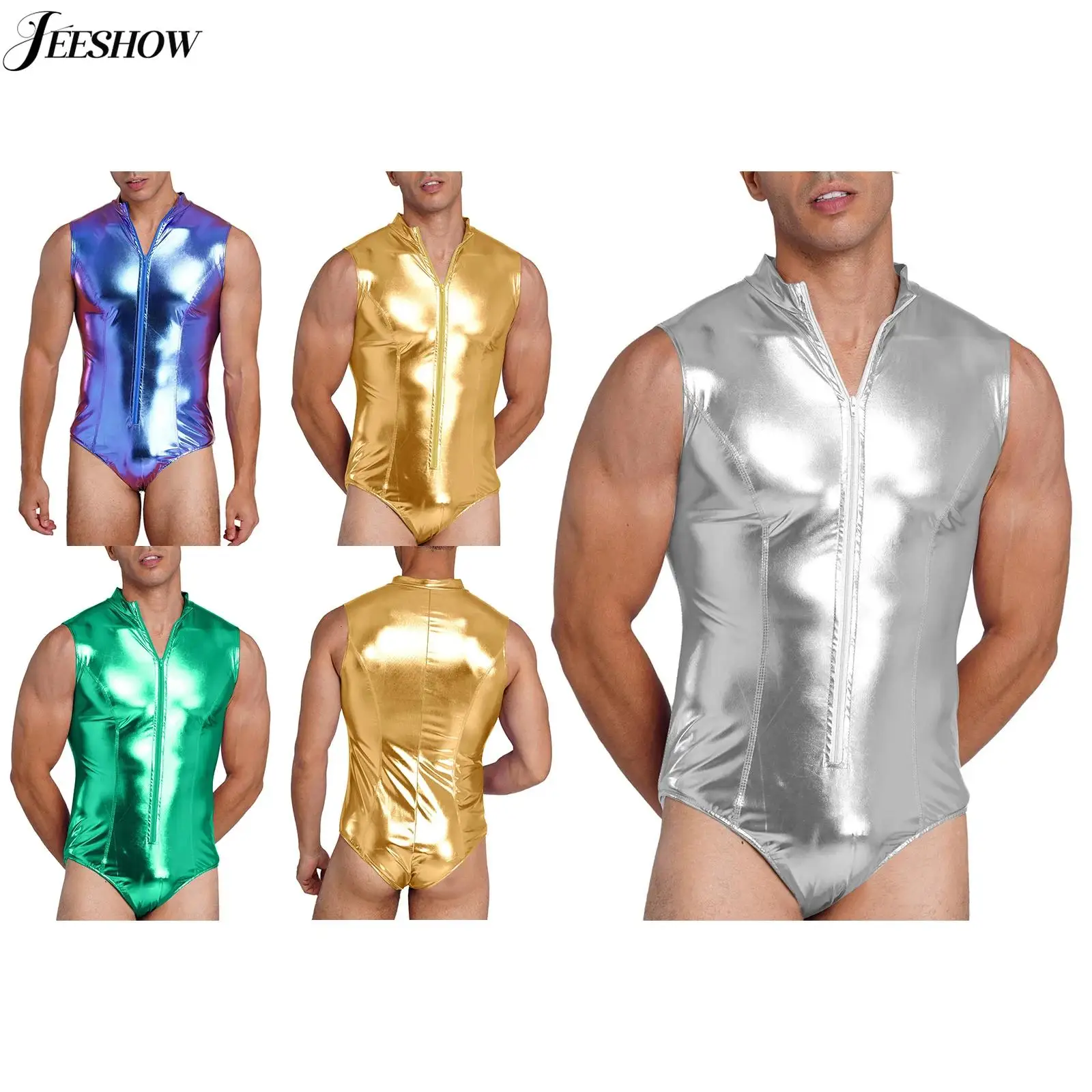 Mens One Piece Swimsuit Shiny Metallic Mock Neck Front Zipper High Cut Bathing Suit Rash Guard Bathing Suit Swimming Costume