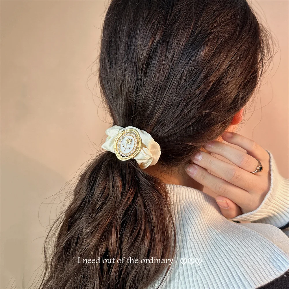 

Silk Rose Floral Hair Tie With Pearl Satin Scrunchie For Pony Tail Elegant Strong Grip Soft Non Slip Daily
