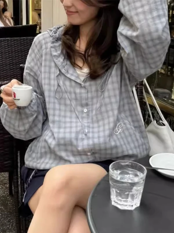 

Новый летний женский кардиган в клетку с капюшоном, свободный, легкий, дышащий, в корейском стиле, из хлопка