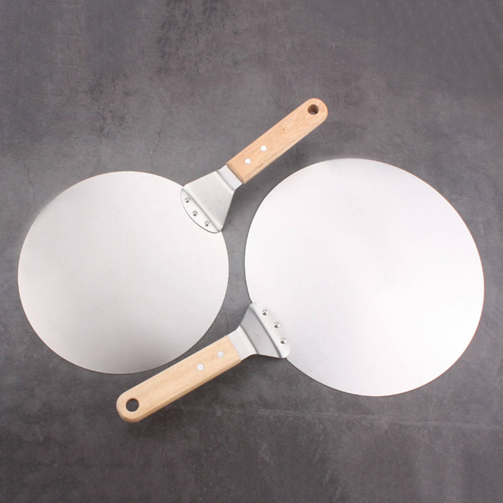 Stainless Steel Pizza Shovel Wooden Handle Round Shovel Sliding Pizza Peel With Cake Pizza Safety Transfer For Baking BBQ