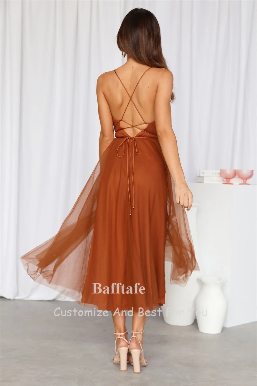 Bafftafe Simple Tulle Midi Prom Dresses Spaghetti Strap Backless Tea-length Women Formal Party Homecoming Dress Evening Gowns