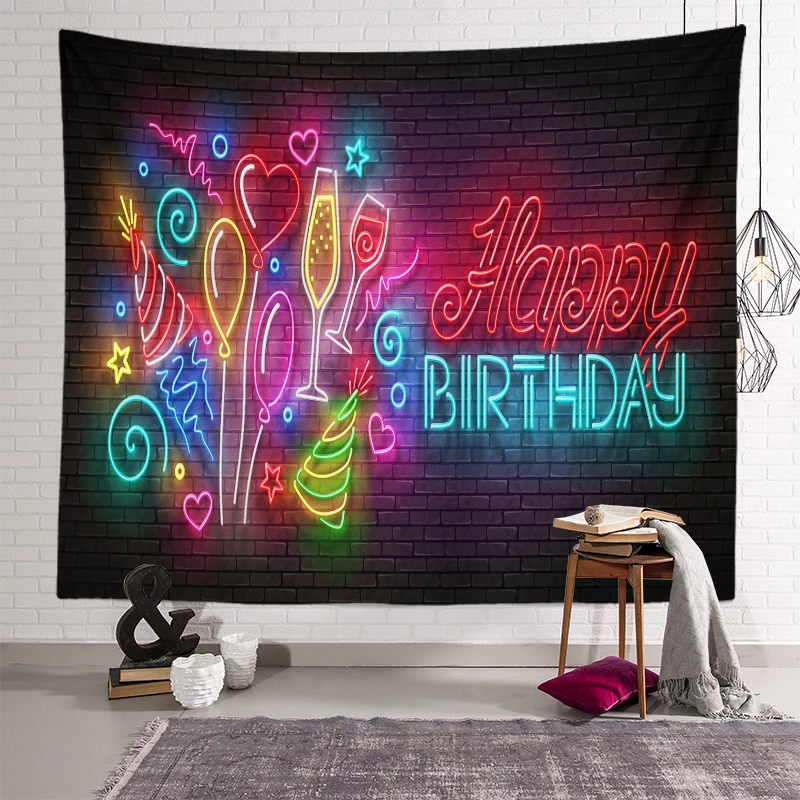 Happy Birthday Tapestry UV Glow Psychedelic Home Decor Neon  Gift Atmosphere Backdrop Cloth Flag Banner