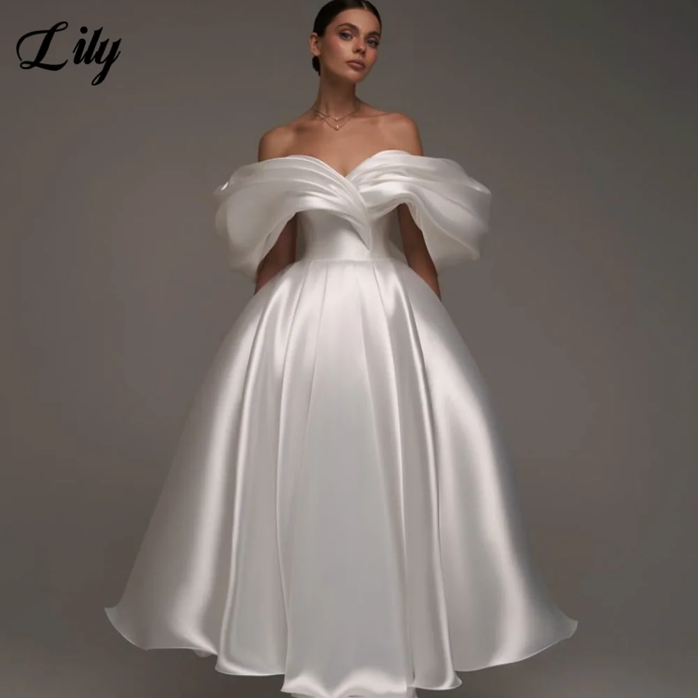 

Lily White Simple 프롬 드레 Off the Shoulder Prom Gown Corset Back Party Dress with Pleats Satin for Special Events Customized