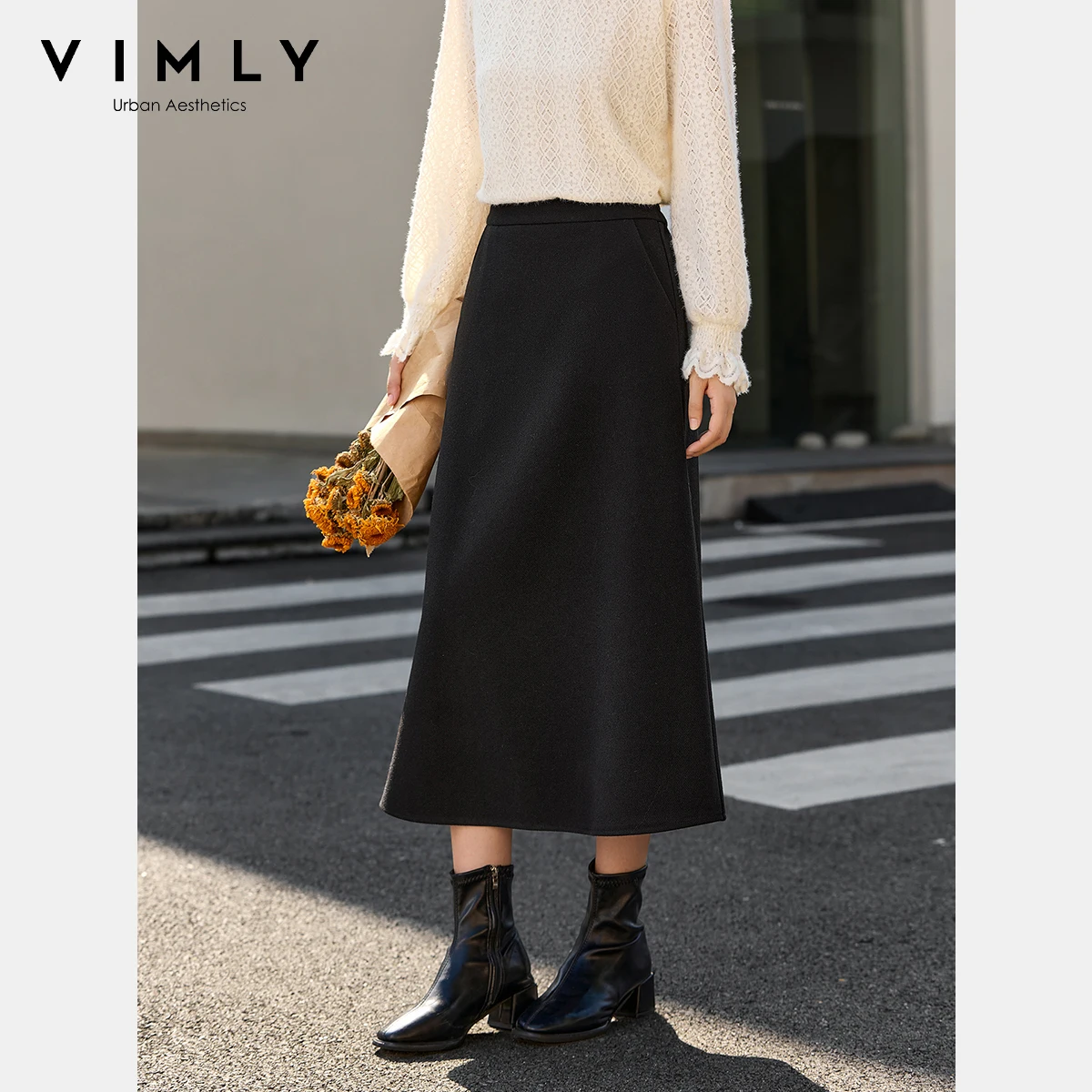 VIMLY Women's Black Long Skirt Elegant Winter 2025 A-line Loose Tweed Ladies Skirts Office Lady Zipper Pocket Female Skirt A2839