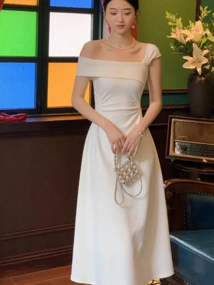 

Elegent White Party Prom Midi Dress Women Summer New French Female Sexy Fashion Slim Off Shoulder Pleated Clothes Vestidos