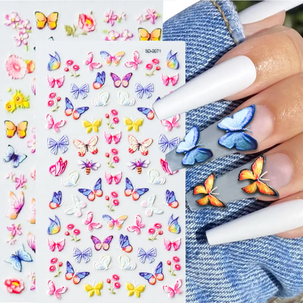 1 Blatt Schmetterling Nail Art Aufkleber 5D geprägte bunte Blumen Nagelaufkleber Retro Schmetterlinge Rose selbstklebende Aufkleber für Maniküre