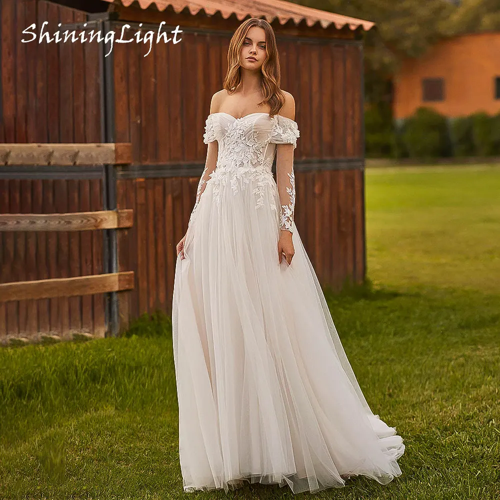 

ShiningLight Beach Off-Shoulder Long Sleeves Bridal Wedding Dress 2026 Sweetheart Soft Tulle A-Line Boho Wedding Gown Customized