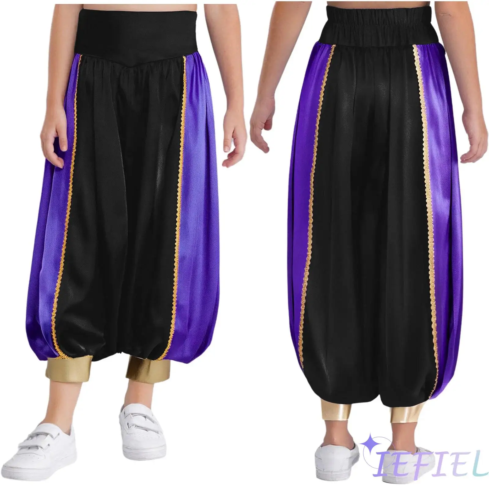 

Girls Belly Dance Satin Pants Unisex Arabian High Waist Loose Harem Pants for Belly Dance Performance Halloween Arabian Costume