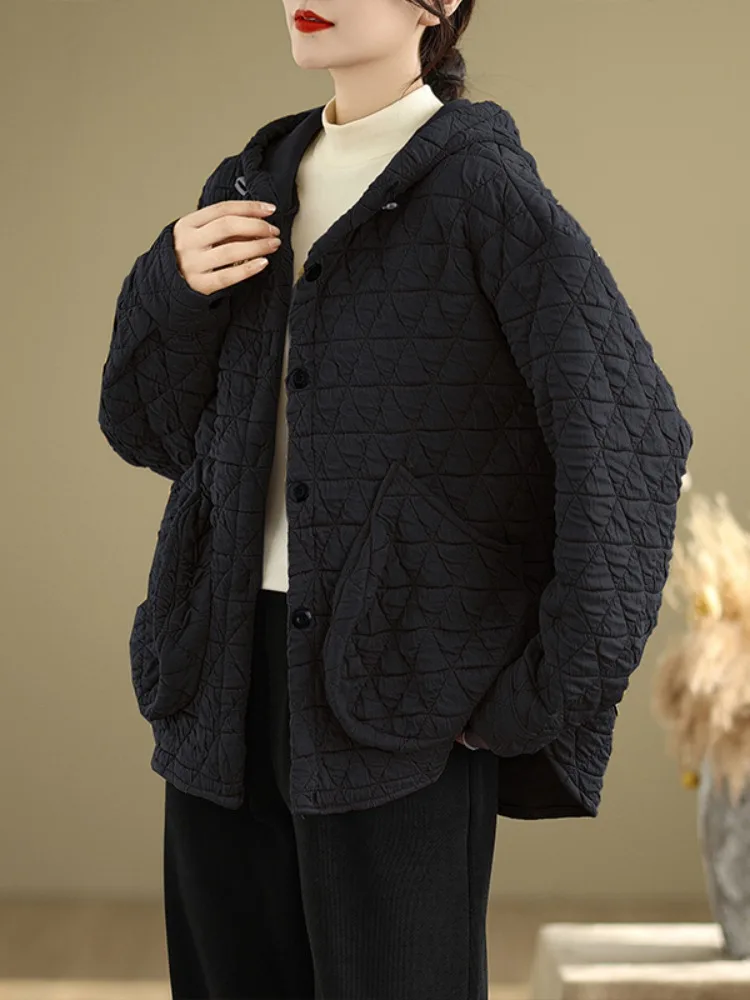 Fashionable Quilted Cotton Jacket Women's Winter Thickened Lightweight Warm Casual Hoodie Coat with Big Pockets Knitted Fabric