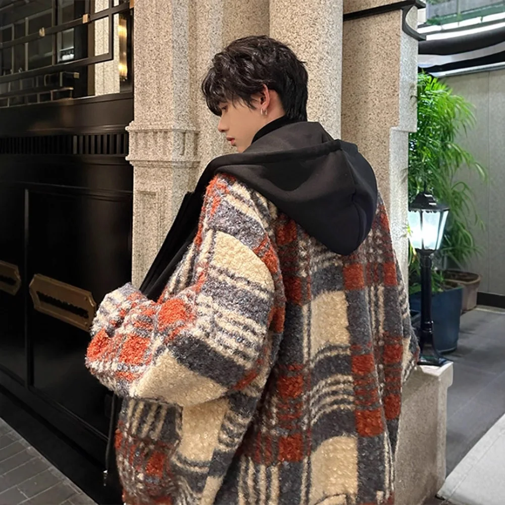 

Xiaoxiangfeng Fake Two-piece Hooded Woolen Jacket Men's Autumn and Winter American Retro Plaid Splicing Thickened Short Jacket