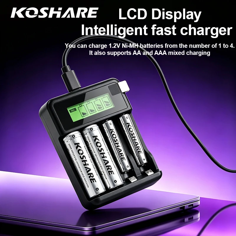 KOSHARE Rechargeable AA AAA Batteries 1.2V High Capacity 2800mAh 1000mAh Battery With 4 Slot LCD Smart Ni-MH Battery Charger