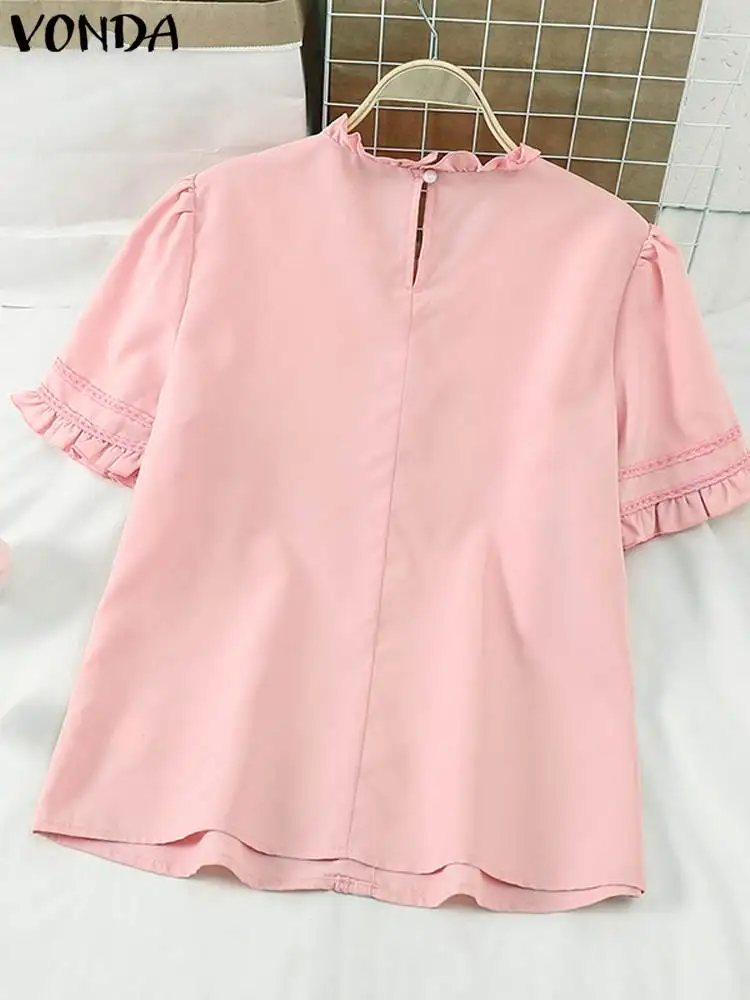 VONDA Elegante Blusas Moda Coreana Manica Corta Magliette e camicette Casual Camicie di Colore Solido 2024 Magliette Allentate Girocollo Vacanza Per Il Tempo Libero Magliette e camicette