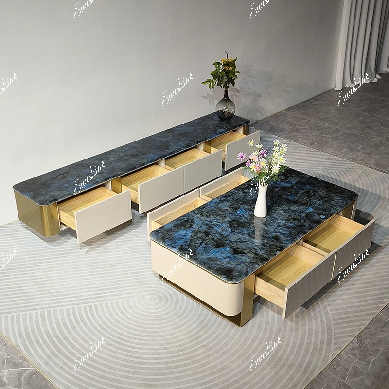 

Italian light luxury marble coffee table stainless steel tea table minimalist small apartment living room TV cabinet combination
