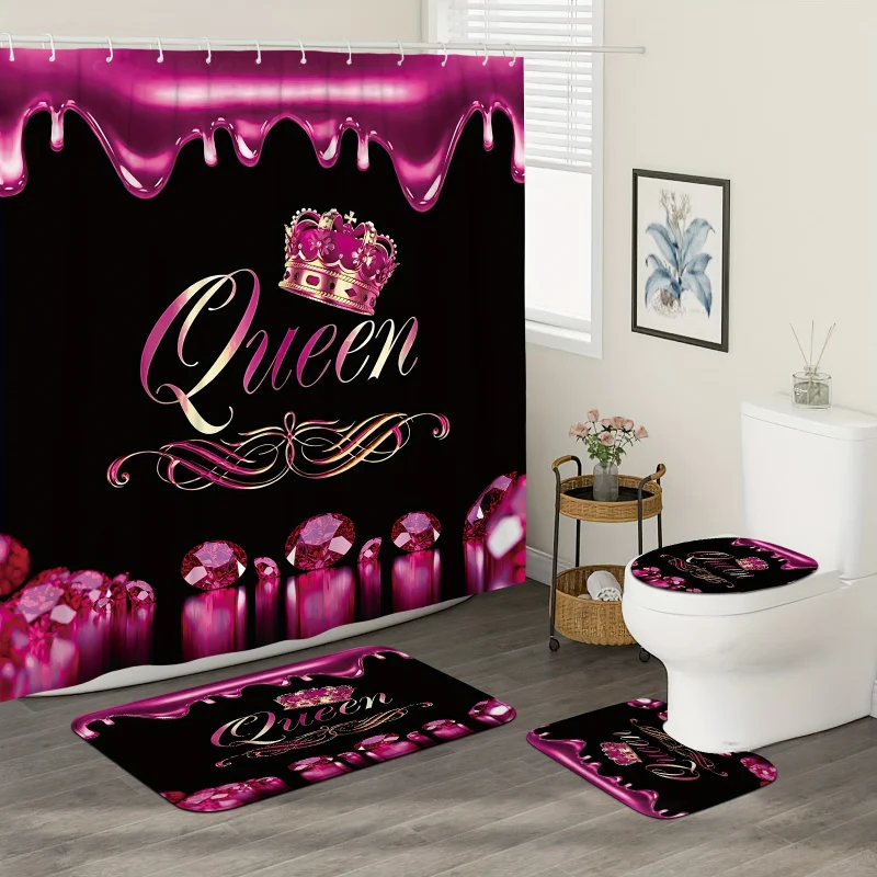 1/4PCs luxury Queen pattern bathroom shower curtain set, waterproof curtains with plastic hooks, bathroom carpet, U-shaped mat,