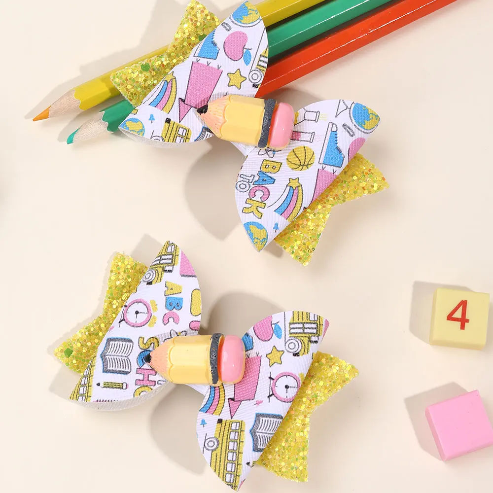 2Pcs Sweet Leather Print Hairpin Cartoon Letter Clock Bows Hair Clip Glitter Back To School Barrettes Boutique Headwear