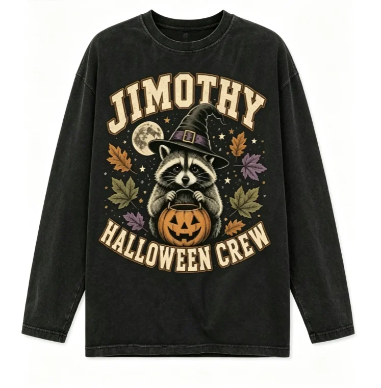 New round neck long sleeved T-shirt with retro 3D printed pattern, Halloween style street fashion, unisex top