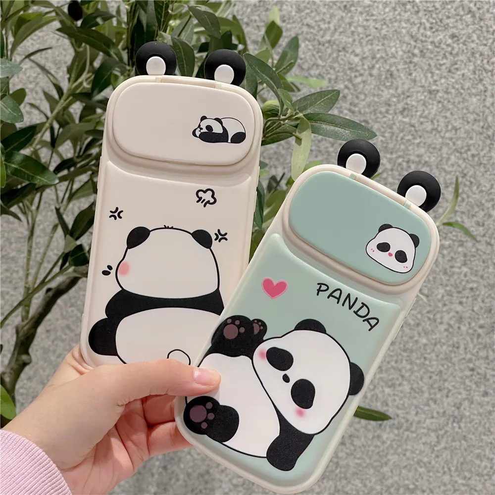 3D Korea Funny Panda Retro Antenna Camera Protective Phone Case For iPhone 15 14 14Pro 12 12Pro 13 11Pro Max Makeup Mirror Cover