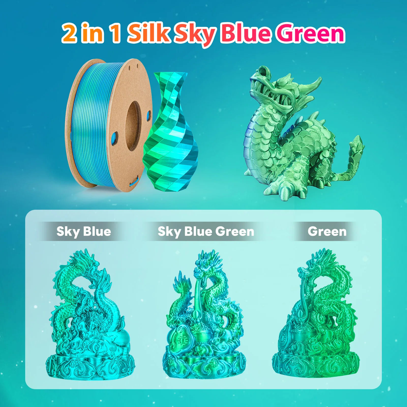 Zijde PLA 3D-printerfilament 1,75 mm 250 g Dubbele kleur 3D-printfilament PLA 3D-printfilament 2 in 1 Kleur Hemelsblauw Groen