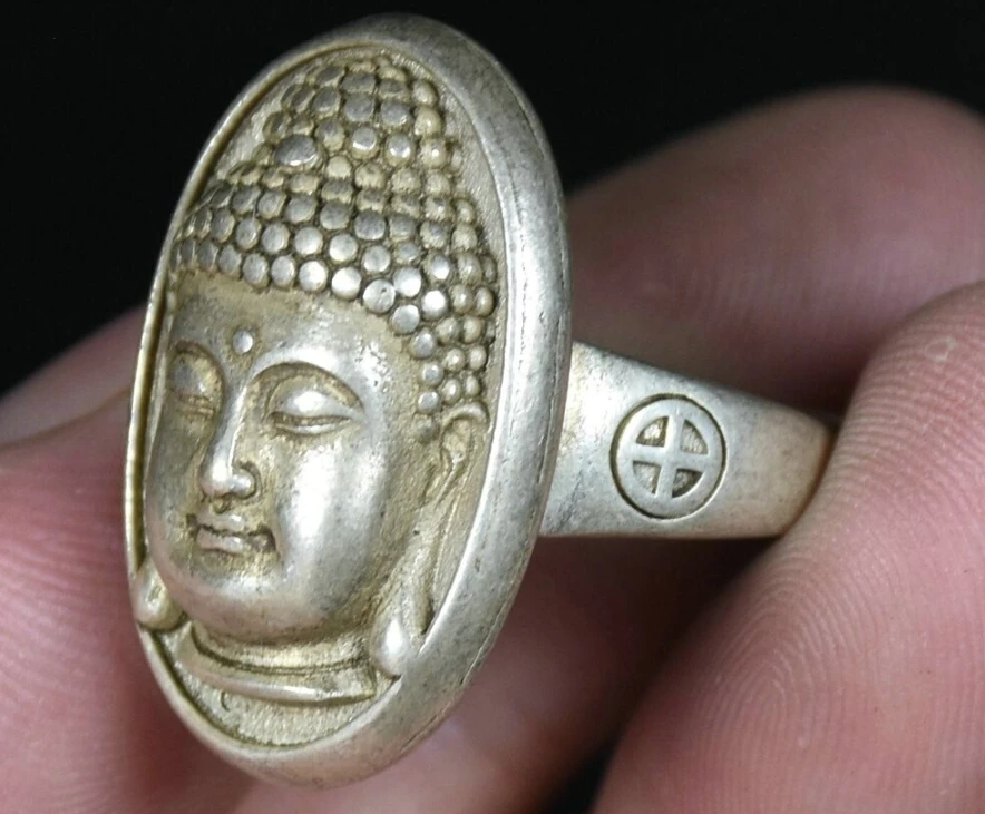 3CM Rare Old Chinese Miao Silver Feng Shui Shakyamuni Buddha Head Ring