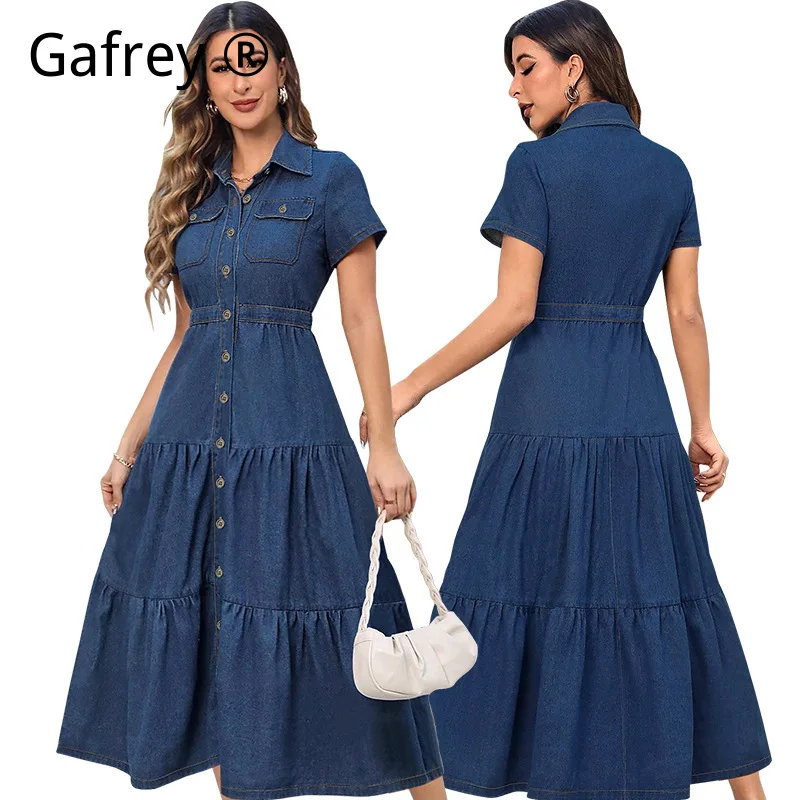 

Women Denim Lapel Short Sleeve Waist Tie Button Down Long Dress Casual Slim Fit Jean Maxi Dress Vintage Streetwear Elegant Party